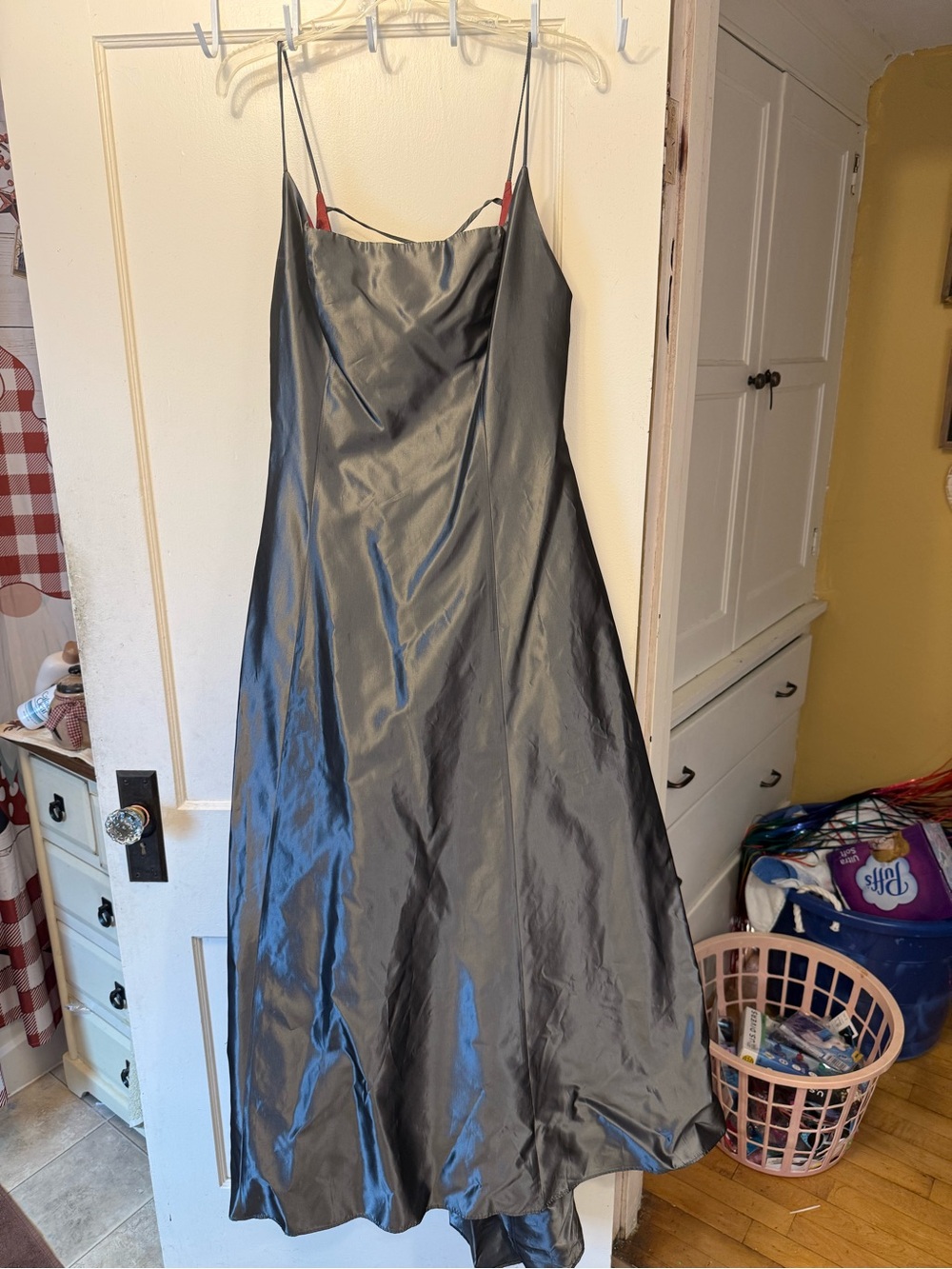 Charcoal Gray Satin Prom Dress with Spaghetti Straps